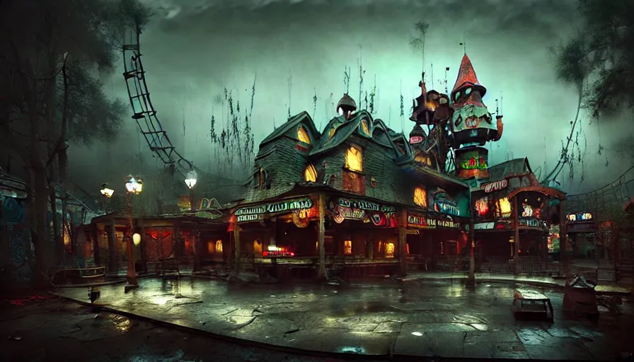 Prompt: michal karcz grunge painting of an amusement park, monster and horror theme. Monster-themed Top-Spin. A detailed, elegant, intricate, 4k,