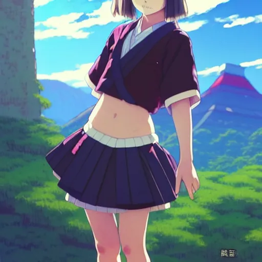 Image similar to a beautiful! boyish! natalie portman alluring gravure! model, wearing japanese school girl outfit with mayan pattern and native style, aztec street fashion, gapmoe yandere grimdark, trending on pixiv fanbox, painted by greg rutkowski makoto shinkai takashi takeuchi studio ghibli, akihiko yoshida