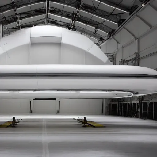 Prompt: a space ship in a white futuristic hangar, studio lighting, interstellar, greg fraser, denis villeneuve
