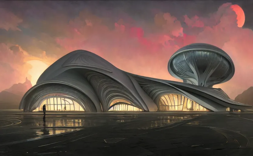 Image similar to exterior shot of utopian architecture building with cinematic lighting by zaha hadid and renzo piano, darek zabrocki and greg ruthkowski, alphonse mucha, simon stalenhag, cinematic, stars, beautiful, holy place, paradise, scifi, futurism, atmospheric, sunset, concept art, artstation, trending on artstation