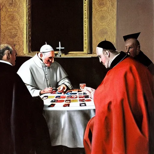 Image similar to the pope playing poker with satan, by velazquez