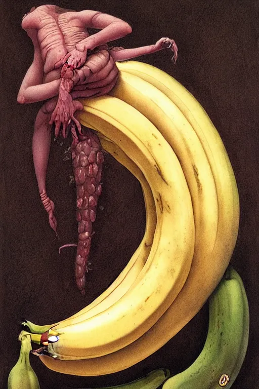 Image similar to a banana in the style of wayne barlowe, gustav moreau, goward, bussiere, roberto ferri, santiago caruso, luis ricardo falero, austin osman spare