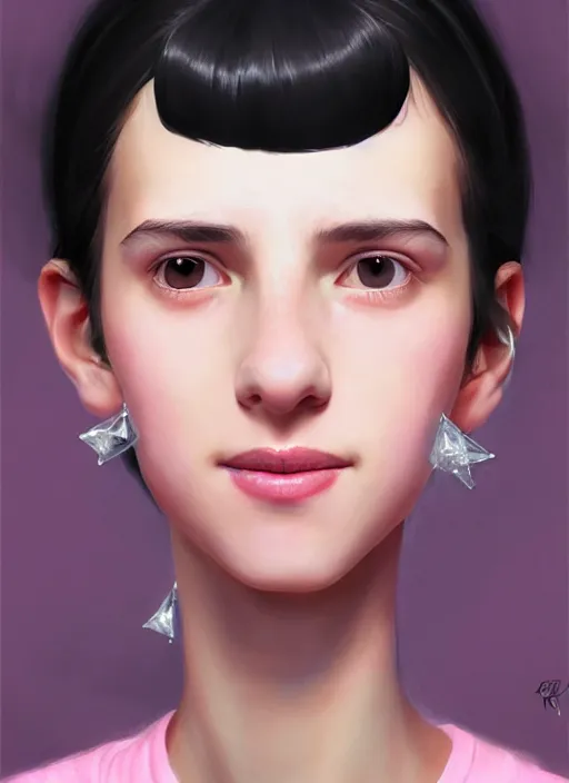 Image similar to portrait of teenage girl, realistic, black hair, bangs, half updo hairstyle, pointy nose, skinny, smile, ugly, defined jawline, big chin, pink hair bow, earrings, intricate, elegant, glowing lights, highly detailed, digital painting, artstation, sharp focus, illustration, art by wlop, mars ravelo and greg rutkowski