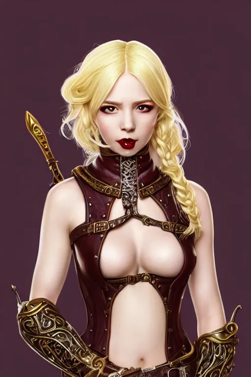 Image similar to Portrait of seductive female bard, D&D, revealing stylish dress like leather armor, choker on neck, long blonde or red hair, mouth slightly open, cute slightly nerdy smile, fantasy, intricate, elegant, stylish, highly detailed, digital painting, artstation, concept art, smooth, sharp focus, illustration, art by artgerm and greg rutkowski and alphonse mucha