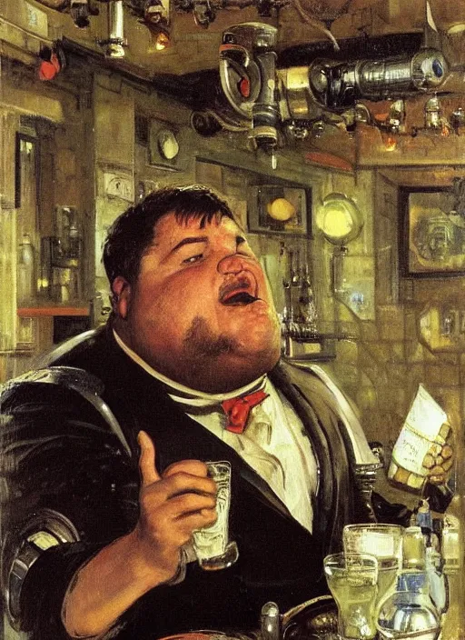 Prompt: head and shoulders portrait of a fat armoured cyborg enjoying himself in a pub, by normal rockwell and greg staples and john singer sargent