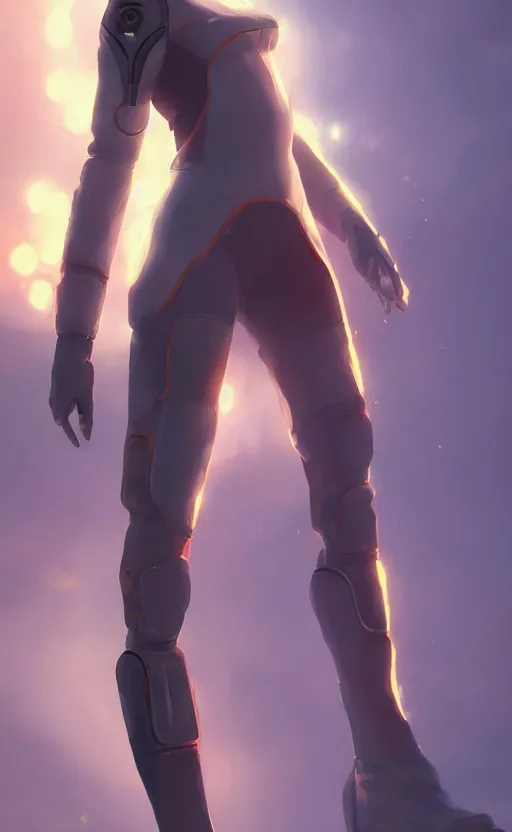 Image similar to sci fi female character, muted colored bodysuit, sci-fi large mechanical boots that go up to the thigh, soft lighting, wojtek fus, by Makoto Shinkai and Ilya Kuvshinov,