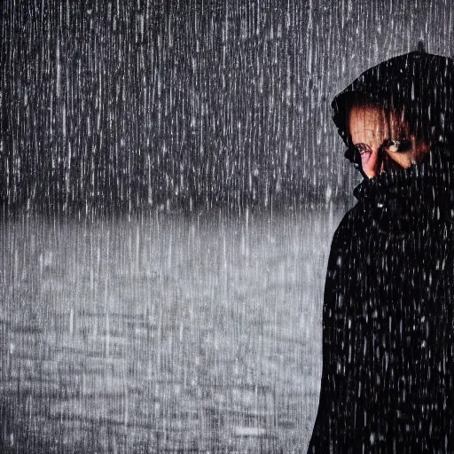 Prompt: a man in a black raincoat looking longingly outside at a torrential downpour of rain, moody lighting