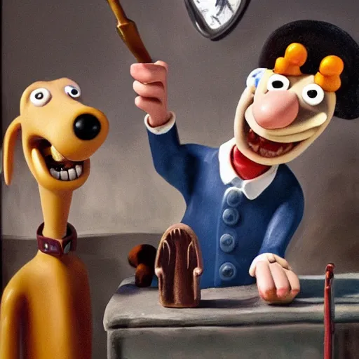 Image similar to oil painting of wallace and gromit killing a man