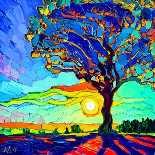 Image similar to a painting of a tree in the sunset, a gouache by Erin Hanson and RHADS, deviantart, neo-fauvism, fauvism, impressionism, vivid colors, rich color palette, acrylic art