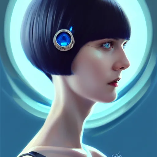 Prompt: woman with dark bobcut haircut with friendly blue eyes and slim features looking happy, futurist style, intricate, elegant gleaming jewelry, angelic halo, highly detailed, digital painting, artstation, concept art, smooth, sharp focus, illustration, art by wlop, mars ravelo and greg rutkowski