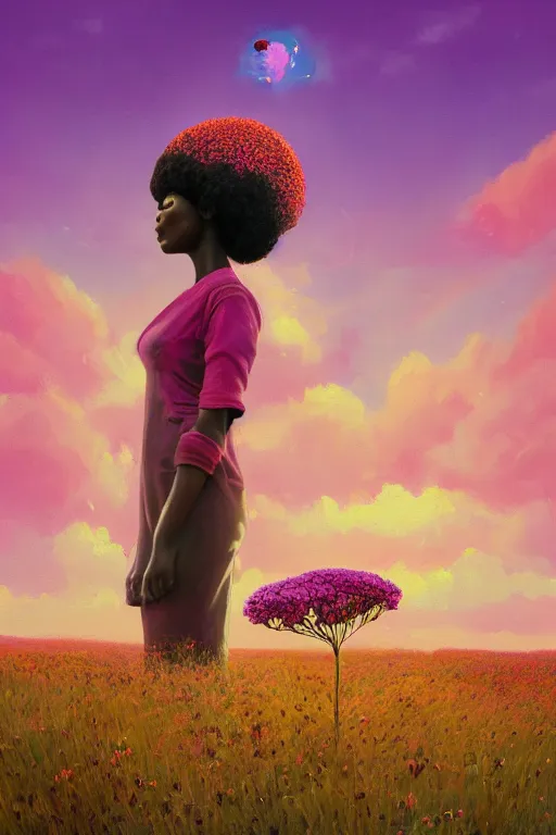 Prompt: closeup, huge flower under head, an african woman in heather field, surreal photography, golden hour, colorful clouds, impressionist painting, digital painting, artstation, simon stalenhag
