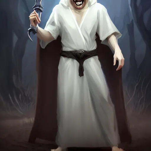 Prompt: Pale-skinned man with a pinched face, crazed eyes, and a strained toothy grin. He has short blond unwashed hair. He wears a white oversized cultist robe that is dirty and stained. Epic fantasy art, award winning on Artstation.