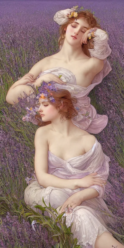 Prompt: a young nymph in an artistic resting pose covered in lace intricate translucent loosen cloths surrounded by beautiful lavender plants and meadows, highly detailed digital by artgerm, wlop, by alphonse mucha painting