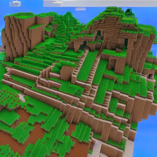 Image similar to an ancient minecraft city near jagged peaks next to a mangrove swamp with luch caves near the ocean with a ruined portal nearby