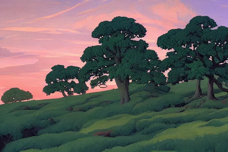 Prompt: masterpiece painting of oak trees along the ridge at dawn, by a. j. casson and john watkiss and edward okun and dan munford and kelly freas