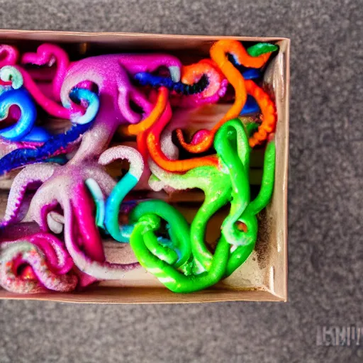 Image similar to octopus tentacles emerging creepily from beneath the lid of a box of crayons. 8 k photo with dramatic lighting.