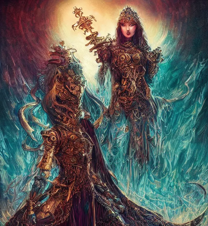 Image similar to unreal engine render of, centered Intricate portrait of a goddess, tarot card, dark souls colour scheme, luminal, smooth, coherent, high detailed, kerem beyit, Karol Bak, Chris Cold, james gurney, dan mumford, featured on artstation, instagram HD, unreal engine