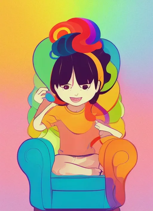 Image similar to a little girl with wavy curly rainbow hair sitting in an armchair. clean cel shaded vector art. shutterstock. behance hd by lois van baarle, artgerm, helen huang, by makoto shinkai and ilya kuvshinov, rossdraws, illustration, art by ilya kuvshinov