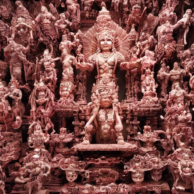 Image similar to temple made of flesh, hindu ornaments, blood god statue at the center, angel statues, 8 0's horror movie film still, highly detailed, symmetry, award - winning photography, 1 2 0 mm