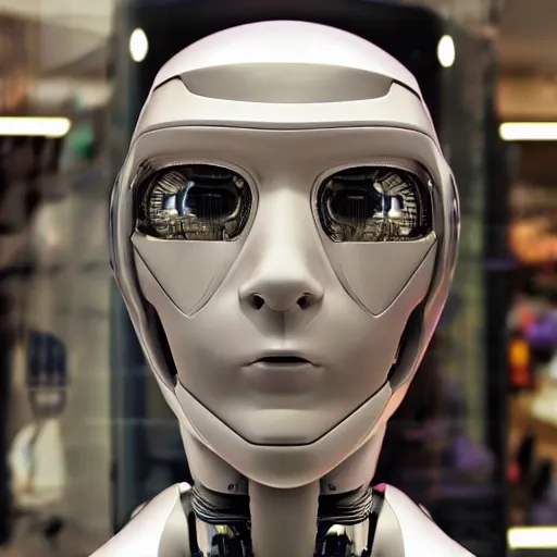 Image similar to photo of a robot who looks almost the same as a human in a store display hiding a dark secret, synthetic skin!!!, highly detailed face, expressive face, cyberpunk, year 3022, medium close-up, depth of field, ISO 300, aperture f11, 1/100 obturation speed