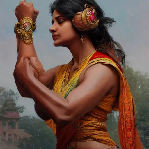 Image similar to indian woman doing push ups, ultra realistic, concept art, intricate details, highly detailed, photorealistic, octane render, 8 k, unreal engine. art by artgerm and greg rutkowski and alphonse mucha