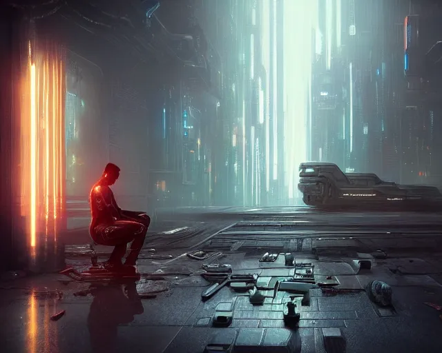 Image similar to sci fi cyberpunk fantasy art a man prays to the god of machines, by greg rutkowski ultrahd dark volumetric lighting hyper detailed unreal engine octane render