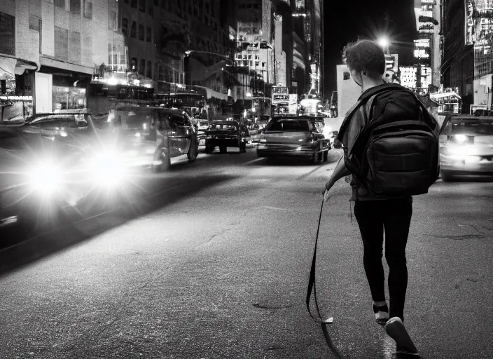 Image similar to photography of a Cat being carried in a backpack . in a new york street. award winning photo, led lighting, night, 130mm, sharp, high res