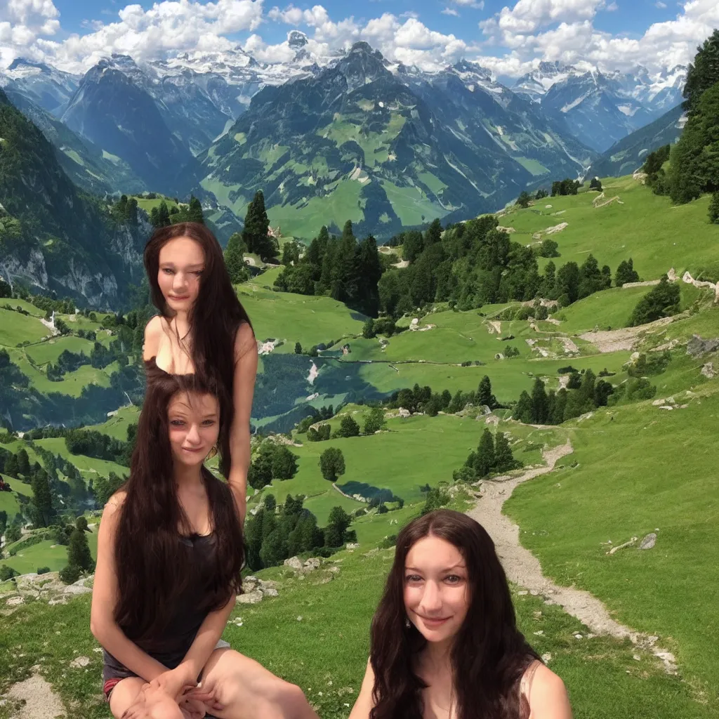 Image similar to A girl that looks like the mona lisa with beautiful switzerland landscape in the background