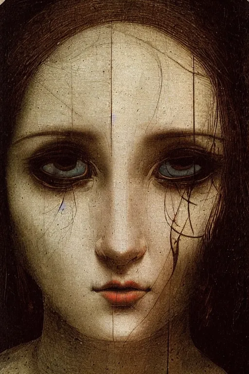 Image similar to a close - up portrait of a cyberpunk cyborg girl, by leonardo davinci, rule of thirds