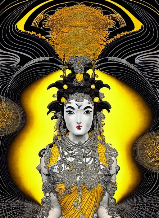 Prompt: detailed hera goddess of marriage and women and family + by hokusai and james gurney + black paper with intricate and vibrant yellow line work + tarot card + mandelbulb fractal + full of silver layers + portrait + trending on artstation + incredible yellow and black gothic illustration + exquisite detail