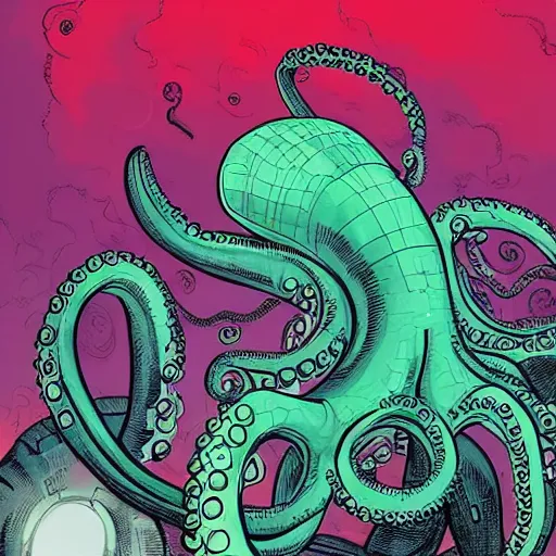 Prompt: stunning portrait of a mechanical octopus in a dramatic setting by brian k. vaughan