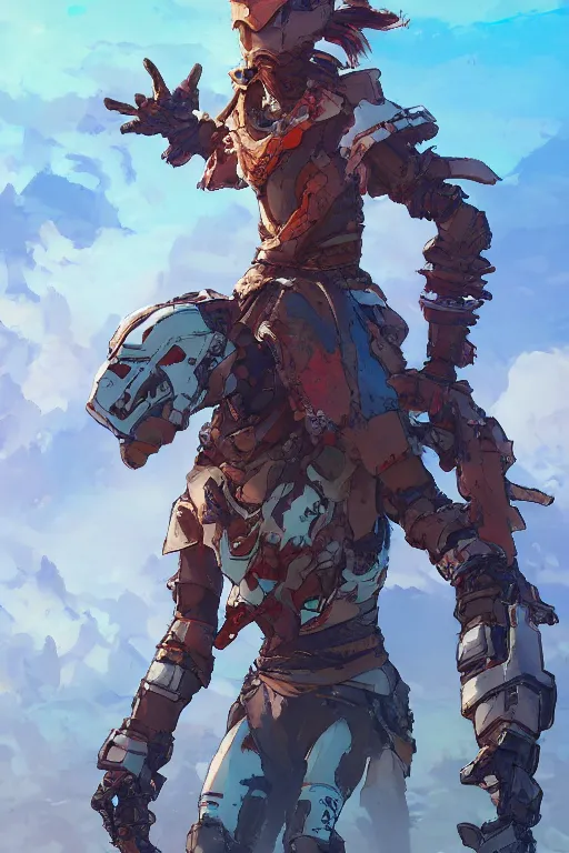 Image similar to combination suit armor aloy horizon forbidden west horizon zero dawn robot ninja mask helmet backpack tribal, art gta 5 comics, official fanart behance hd artstation by jesper ejsing, by rhads, makoto shinkai and lois van baarle, ilya kuvshinov, ossdraws radiating a glowing aura cgi rtx 2 0 2 2