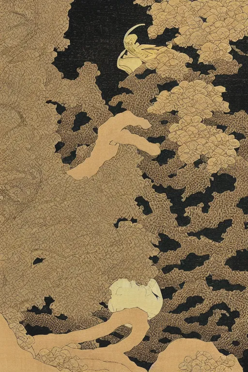 Prompt: japanese woodblock print, of a landscape by kano sanraku, james jean, takato yamamoto, mc escher in the style of nihonga, gold leaf painting, fractal art, intricate detail