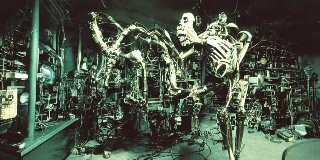 Prompt: a scary filmic wide shot color ground level angle movie still 35mm film photograph of the full body of a screaming and angry dangerous shape mechanical creature, with multiple sharp, leaking pistons, robot skulls and blades protruding from its lower torso inside of a 1970s science lab, neon lights, dirty, ektachrome photograph, volumetric lighting, f8 aperture, cinematic Eastman 5384 film