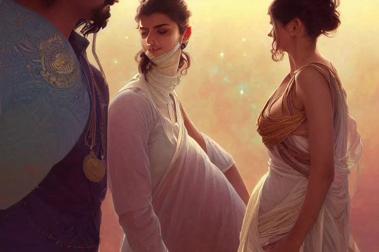 Image similar to Sensual good looking pale young Indian doctors wearing jeans in a space elevator above Earth, portrait, elegant, intricate, digital painting, artstation, concept art, smooth, sharp focus, illustration, art by artgerm and greg rutkowski and alphonse mucha