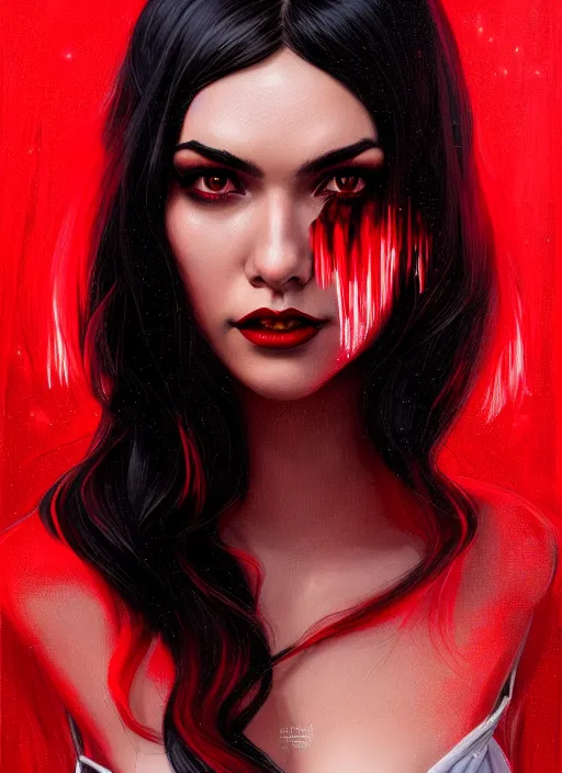 Image similar to portrait of vampire veronica lodge with bangs, vampire, long hair, red clothes, bangs, intricate, elegant, glowing lights, highly detailed, digital painting, artstation, concept art, smooth, sharp focus, illustration, art by wlop, mars ravelo and greg rutkowski