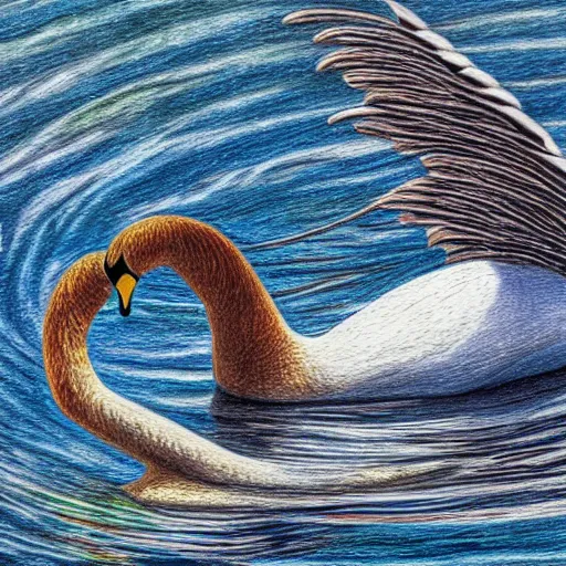 Image similar to Colored pencil art , Swan swimming in the pon, highly detailed, artstation, MasterPiece, Award-Winning, Caran d'Ache Luminance