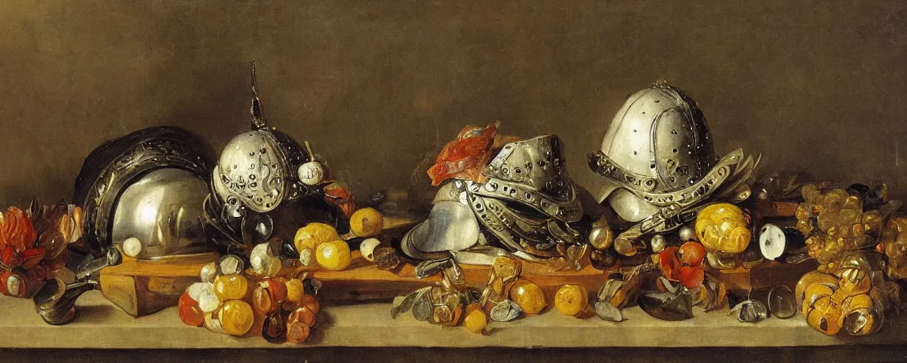 Image similar to an elegant still life with jewelled longsword in a vase and helmet on table by jan davidsz. de heem