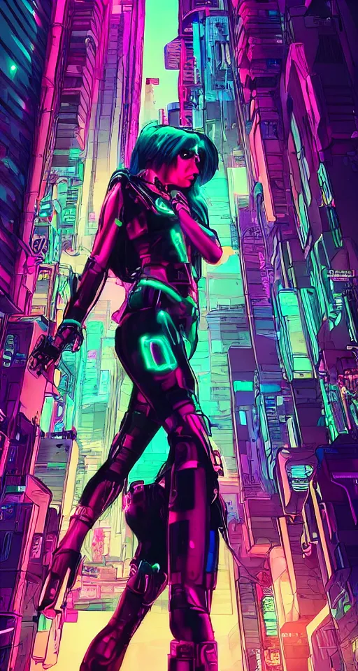 Image similar to comics, cyberpunk women, city, neon lights, glow, retrowave style, sunset,