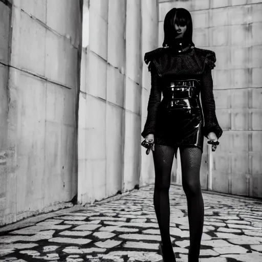 Image similar to fashion photography of an asian model, wearing black rococo fashion, inside berghain, berlin fashion, futuristic fashion, photo 3 5 mm leica, hyperdetail, berghain, 8 k, very detailed