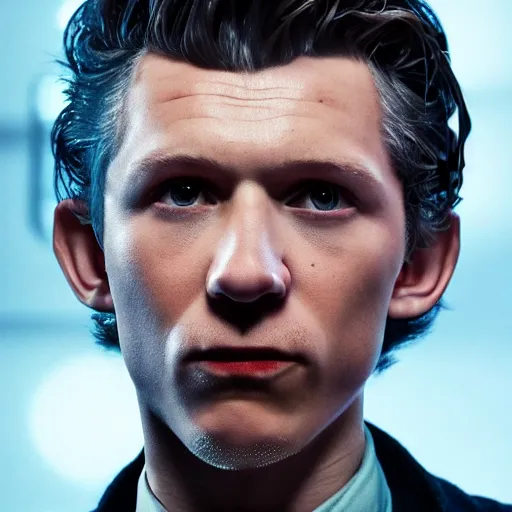 Image similar to tom holland as a rough dirty old man with a scruffy beard in a dark blue trenchcoat as the new doctor who, cinematic, volumetric lighting, f 8 aperture, cinematic eastman 5 3 8 4 film, photorealistic