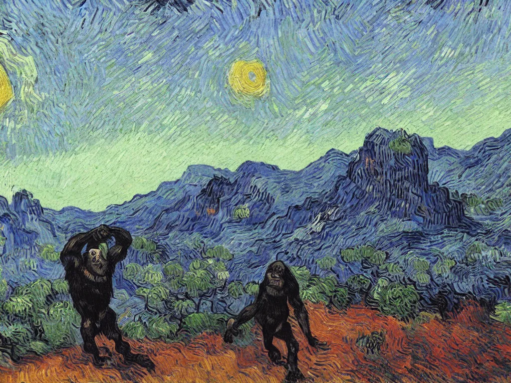 Image similar to bright beautiful oil painting of a primitive ape tdancing in a valley with giant black monoliths at sunrise, light scatter, van gogh