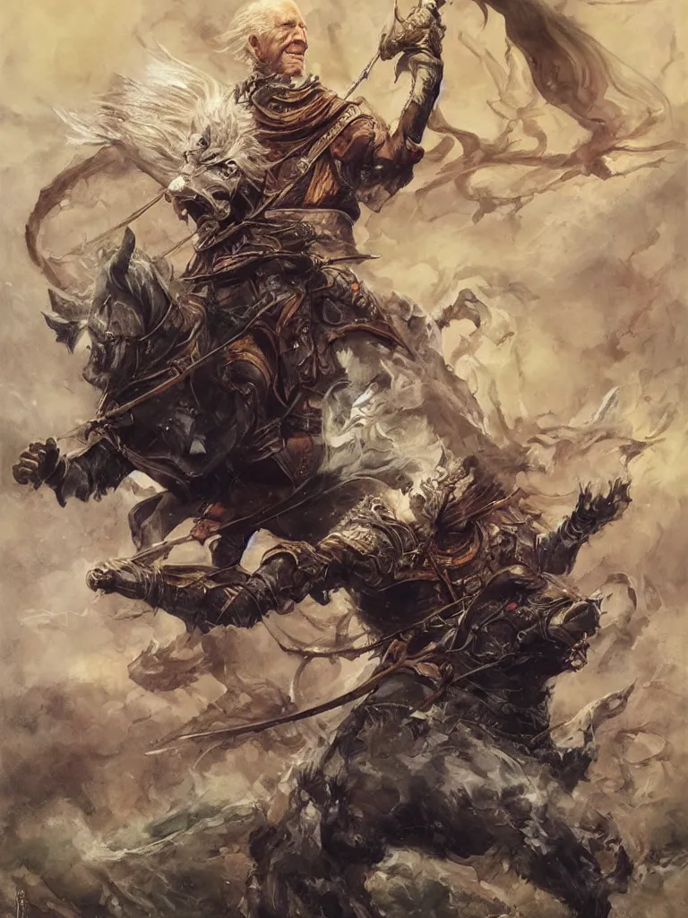 Image similar to Joe Biden as a fantasy adventurer, full body portrait, dynamic pose, oil painting by Noriyoshi Ohrai