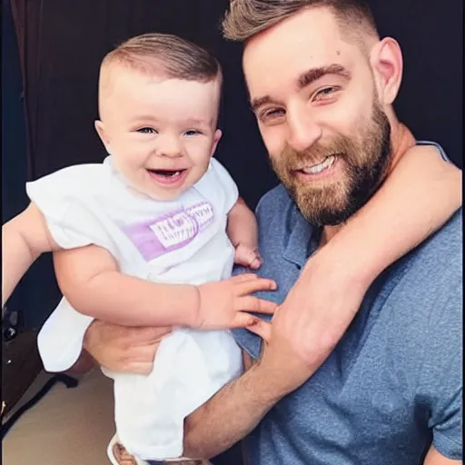 Image similar to a photo of a white man with a mid fade haircut that is happy with his 3 month year old baby boy.