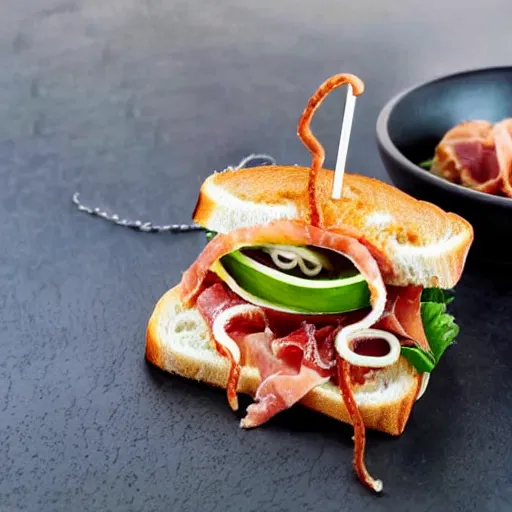 Image similar to octopus prosciutto sandwich with tentacles hanging out