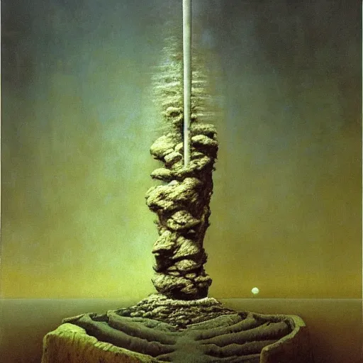 Prompt: illusions of your fantasy, the column symphony, doing the unthinkable in a life of heroics, zdzislaw beksinski