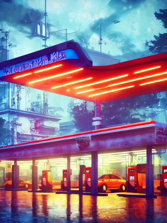 Prompt: photo of 8k ultra realistic gas station, neon, heavy rain, full of colour, cinematic lighting, battered, trending on artstation, 4k, hyperrealistic, focused, extreme details,unreal engine 5, cinematic, masterpiece, art by studio ghibli