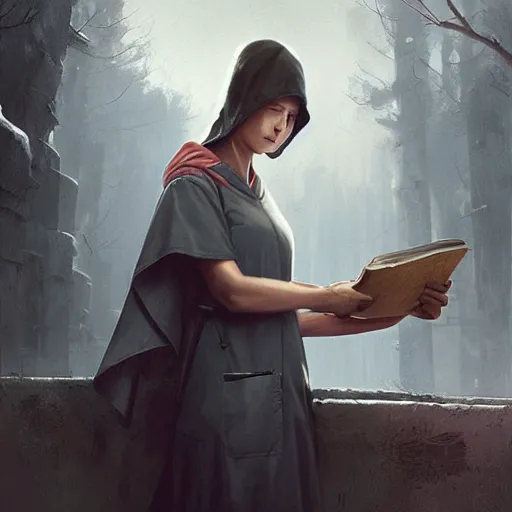 Image similar to a nurse with a hood on and short sleeves, Matte painting , detailed painting, greg rutkowski