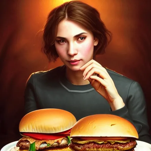 Image similar to portrait of Putin eating a giant hamburger , extra onions and ketchup, luscious patty with sesame seeds, feminine ethereal, handsome, D&D, fantasy, intricate, elegant, highly detailed, digital painting, artstation, concept art, matte, sharp focus, illustration, art by Artgerm and Greg Rutkowski and Alphonse Mucha