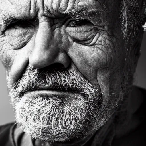 Prompt: close up face portrait of old man, scowling, studio lighting, depth of field, photography, black and white, highly detailed